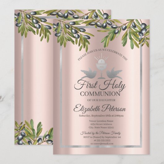 Olijfbijkantoren Roos Gold First Heilige Communie Kaart (Voorkant / Achterkant)