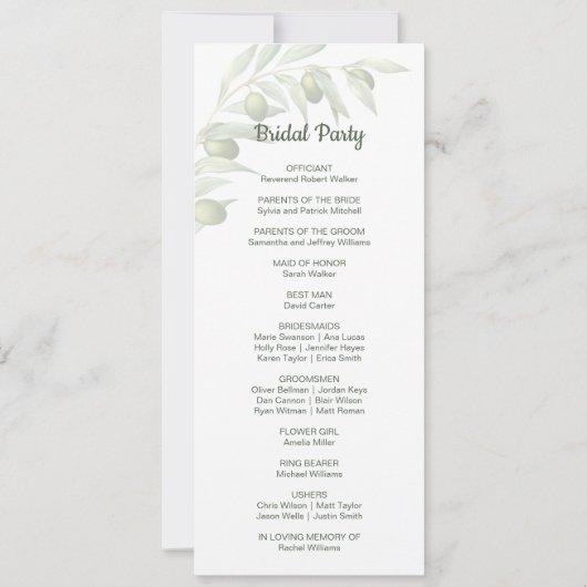 Olijfbijkantoren Waterverf Rustic Wedding Programm (Achterkant)