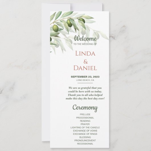 Olijfbijkantoren Waterverf Rustic Wedding Programm (Voorkant)