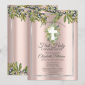 Olijfbijlen Floral Cross First Heilige Communie Kaart (Voorkant / Achterkant)