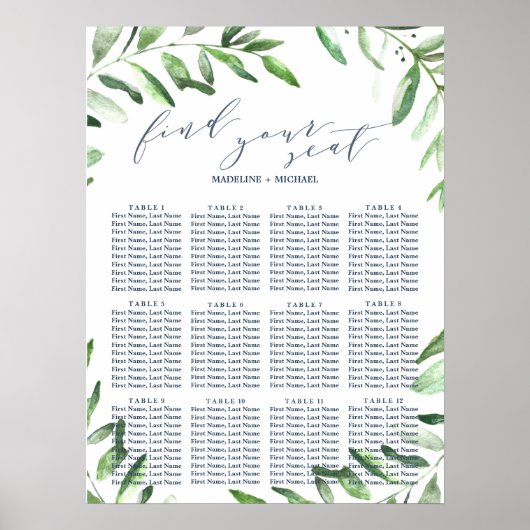 Olijfbijtak Boho Garden Wedding Seating Chart Poster (Voorkant)