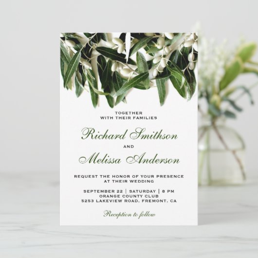 Olijfbijtak laat botanische bruiloft uitnodigen kaart (Staand voorkant)