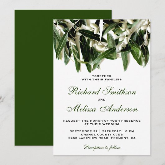 Olijfbijtak laat botanische bruiloft uitnodigen kaart (Voorkant / Achterkant)