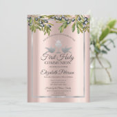 Olijfbijtak Roos Gold First Heilige Communie Kaart (Staand voorkant)