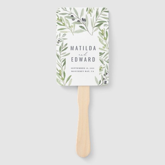 Olijfbijtak waterverf schilderde trouwerij handwaaier (Voorkant)