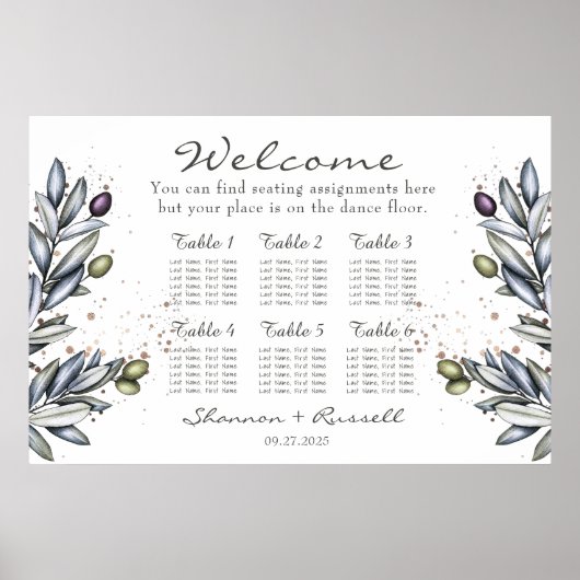 Olijfbijtak Wedding Seating Chart 36"x24" Poster (Voorkant)