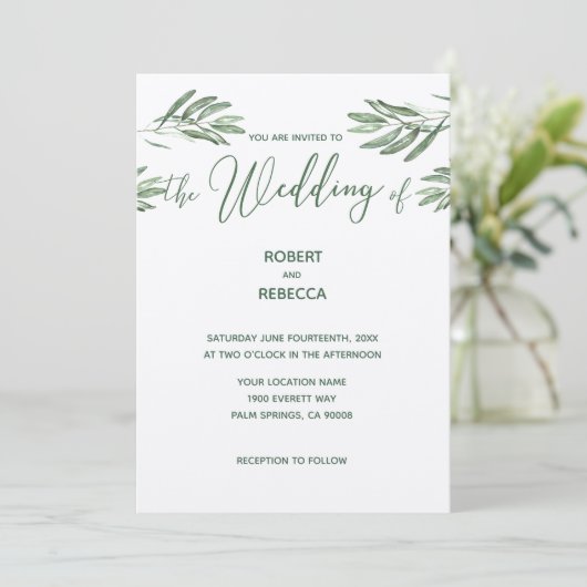 Olijfbladeren bruiloft uitnodiging (Staand voorkant)