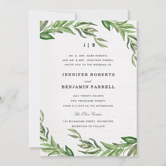Olijfbladeren bruiloft uitnodiging (Voorkant)