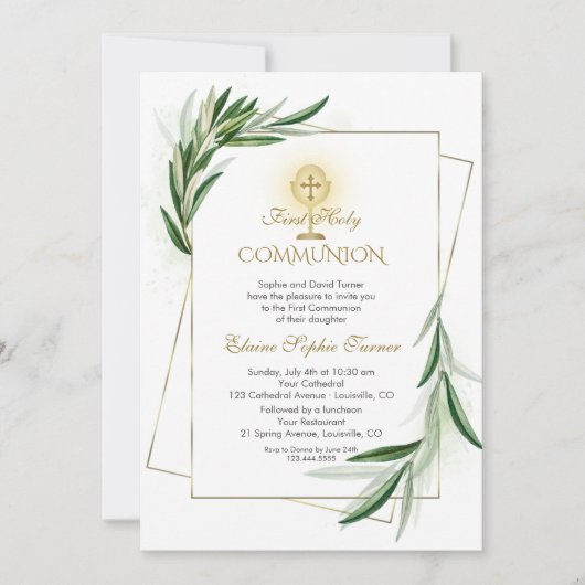 Olijfbladeren Charme Goud Eerste Heilige Communie Kaart (Voorkant)