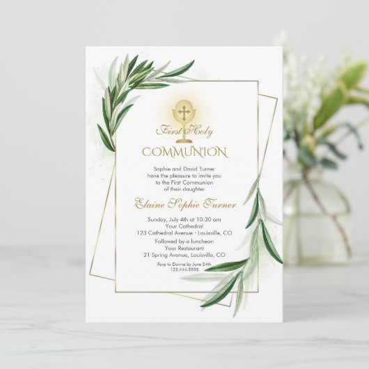 Olijfbladeren Charme Goud Eerste Heilige Communie Kaart (Staand voorkant)