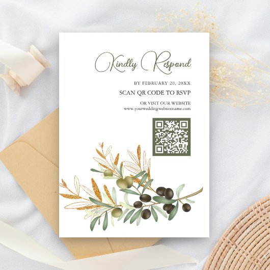 Olijfbladeren Gouden Tak QR Code RSVP Huwelijk Informatiekaartje