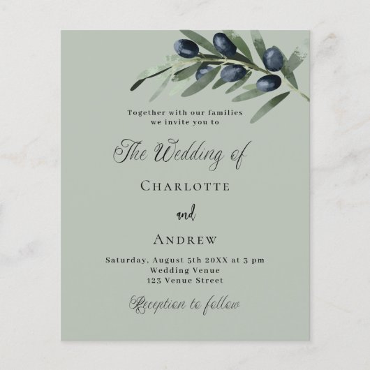 Olijfbladeren groen budget bruiloft uitnodiging flyer (Voorkant)