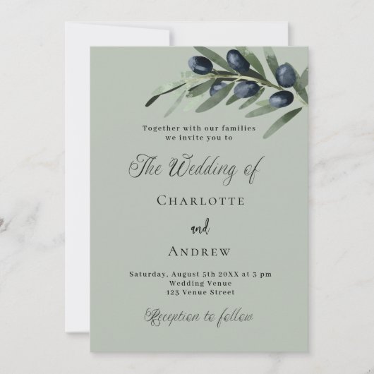 Olijfbladeren groen eenvoudig script bruiloft kaart (Voorkant)