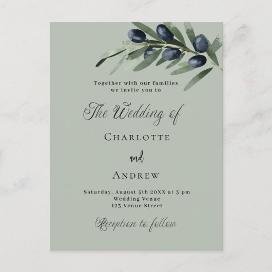 Olijfbladeren groen eenvoudig script bruiloft uitnodiging briefkaart (Voorkant)