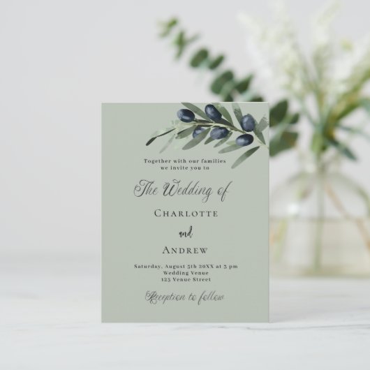 Olijfbladeren groen eenvoudig script bruiloft uitnodiging briefkaart (Staand voorkant)