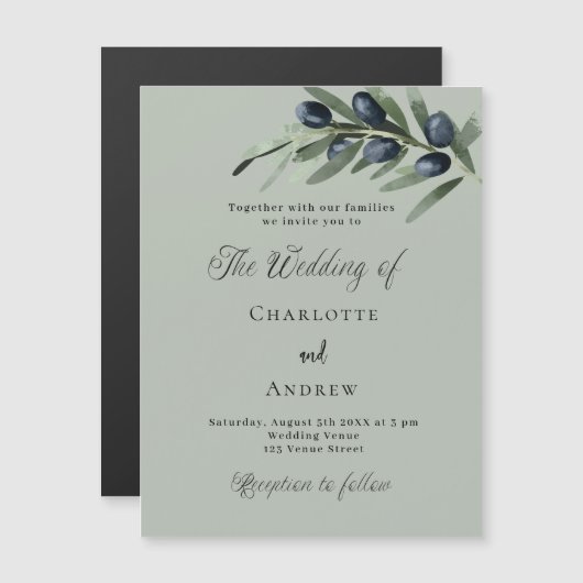 Olijfbladeren groen eenvoudig script luxe bruiloft magnetische uitnodiging (Voorkant / Achterkant)
