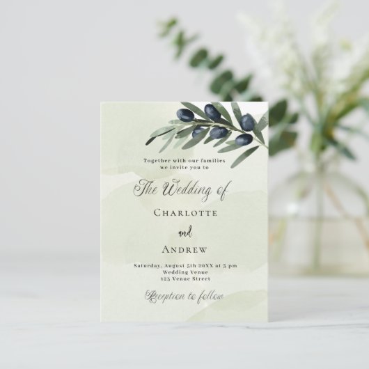 Olijfbladeren groen waterverf script bruiloft uitnodiging briefkaart (Staand voorkant)