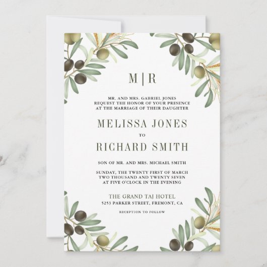 Olijfbladeren in één QR-code, formeel huwelijk Kaart (Voorkant)