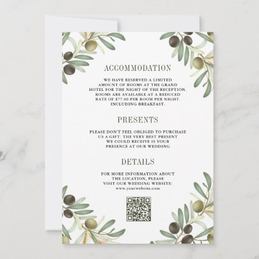 Olijfbladeren in één QR-code, formeel huwelijk Kaart (Achterkant)