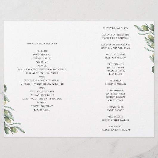 Olijfbladeren. Italiaans huwelijksprogramma gevouw (Achterkant)