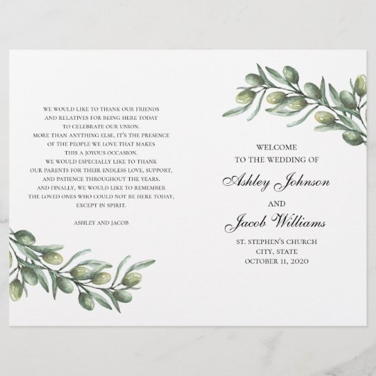 Olijfbladeren. Italiaans trouwprogramma gevouwen (Voorkant)