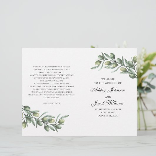 Olijfbladeren. Italiaans trouwprogramma gevouwen (Staand voorkant)