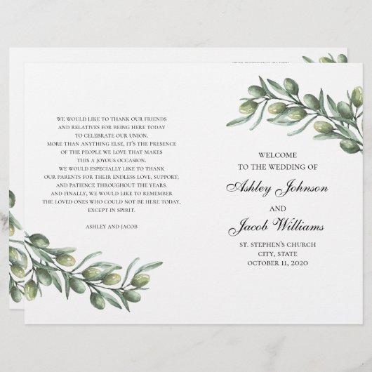 Olijfbladeren. Italiaans trouwprogramma gevouwen (Voorkant / Achterkant)