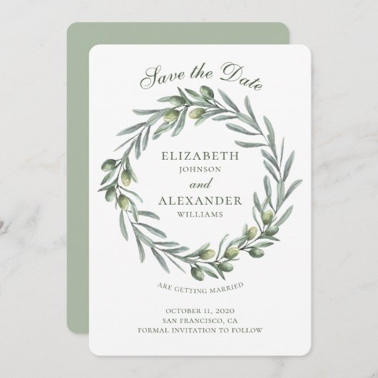 Olijfbladeren krans. Italiaanse trouw save the dat Kaart (Voorkant / Achterkant)