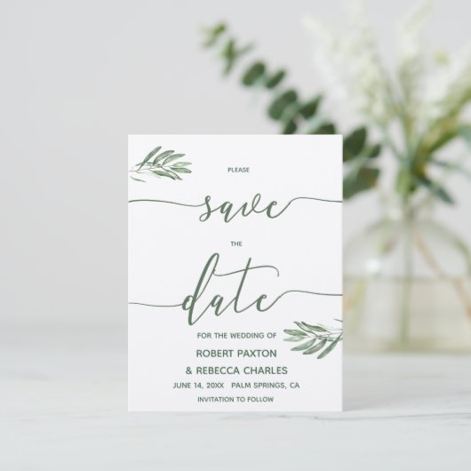 Olijfbladeren Save the Date Kaart (Staand voorkant)