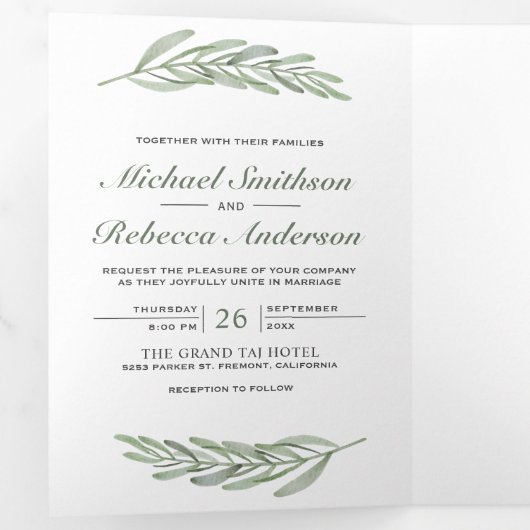 Olijfbladeren tak foto collage 3 in 1 bruiloft drieluik uitnodiging (Binnenzijde eerst)