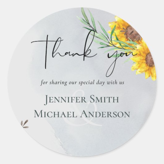 Olijfbladeren Zonnebloemen Rustieke Bruiloft Ronde Sticker (Voorkant)