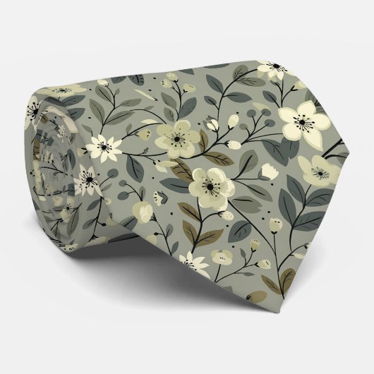 Olijfbloemen groen en wit stropdas (Opgerold)