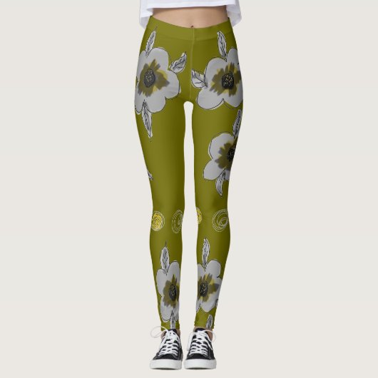 Olijfbloemige print leggings (Voorkant)