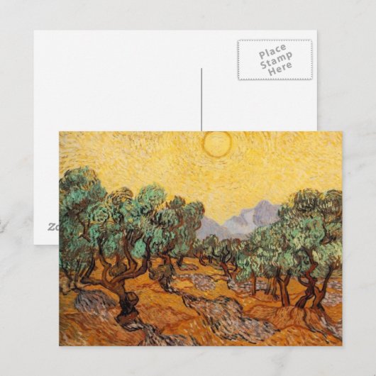 Olijfbomen met gele hemel en Briefkaart van de zon (Voorkant / Achterkant)