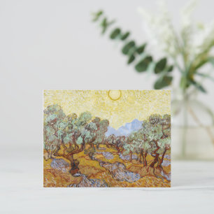 Olijfbomen met gele hemel en zon briefkaart