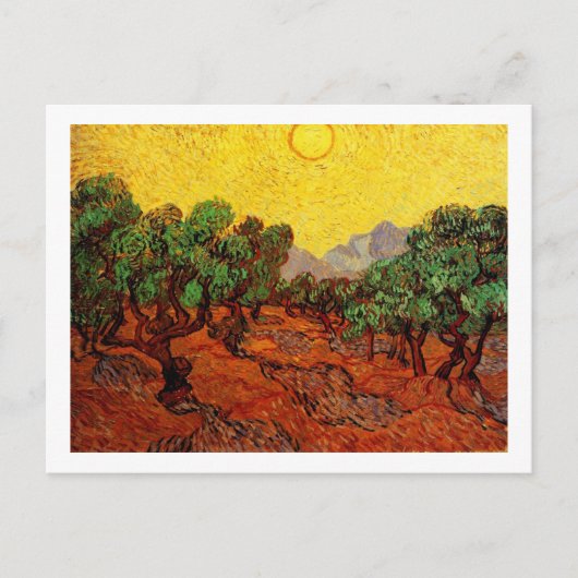 Olijfbomen met gele hemel en zon briefkaart (Voorkant)