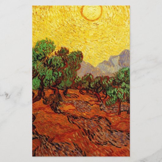 Olijfbomen met gele hemel en zon briefpapier (Voorkant)