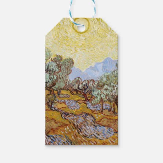 Olijfbomen met gele hemel en zon cadeaulabel (Voorkant)