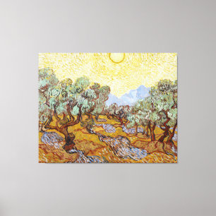 Olijfbomen met gele hemel en zon canvas afdruk