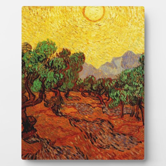 Olijfbomen met gele hemel en zon fotoplaat (Voorkant)