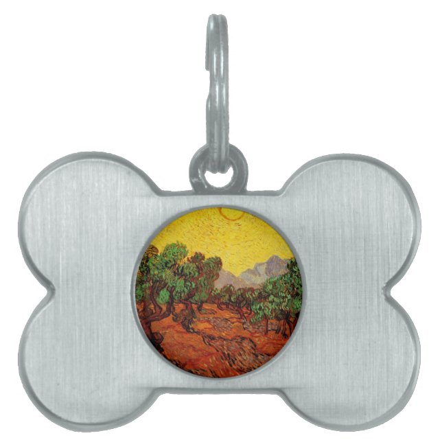 Olijfbomen met gele hemel en zon huisdieren naamplaatje (voorkant)