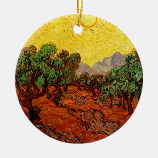 Olijfbomen met gele hemel en zon keramisch ornament (Voorkant)