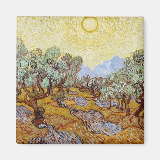 Olijfbomen met gele hemel en zon magneet (Voorkant)