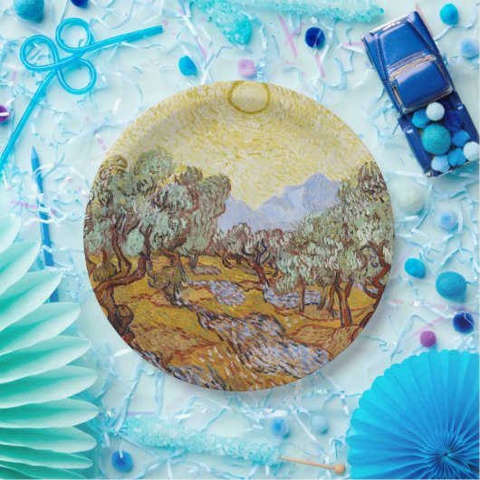 Olijfbomen met gele hemel en zon papieren bordje (Feest)