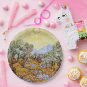 Olijfbomen met gele hemel en zon papieren bordje (Feest)