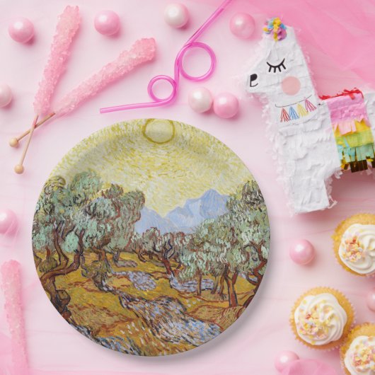 Olijfbomen met gele hemel en zon papieren bordje (Feest)