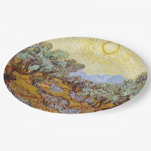 Olijfbomen met gele hemel en zon papieren bordje (Gekanteld)