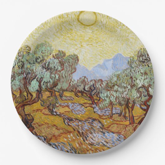 Olijfbomen met gele hemel en zon papieren bordje (Voorkant)