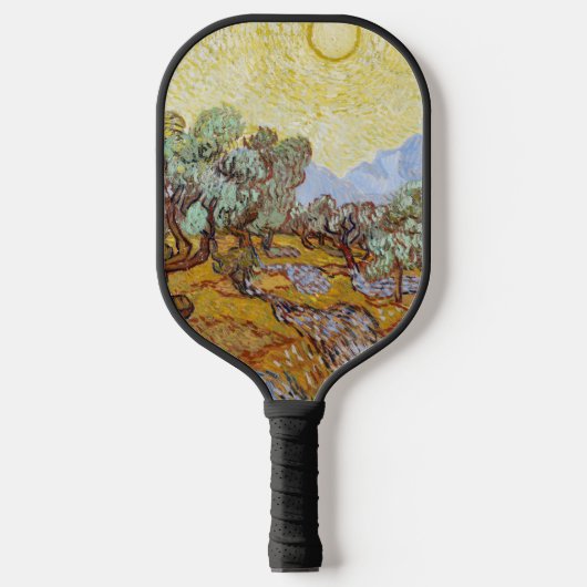 Olijfbomen met gele hemel en zon pickleball paddle (Voorkant)
