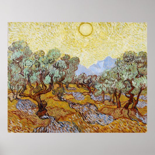 Olijfbomen met gele hemel en zon poster (Voorkant)